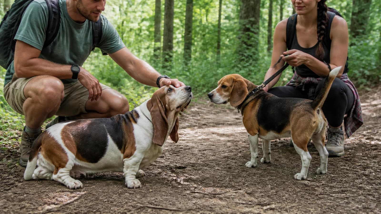 Relaxed Basset Hound and Beagle interacting calmly with adult handlers in a home