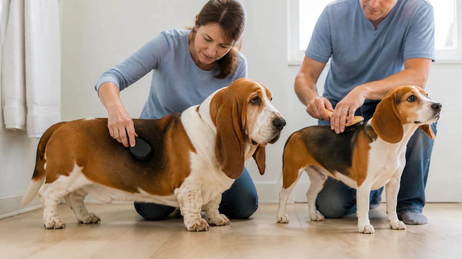Owners brushing a Basset Hound and Beagle side by side in natural light
