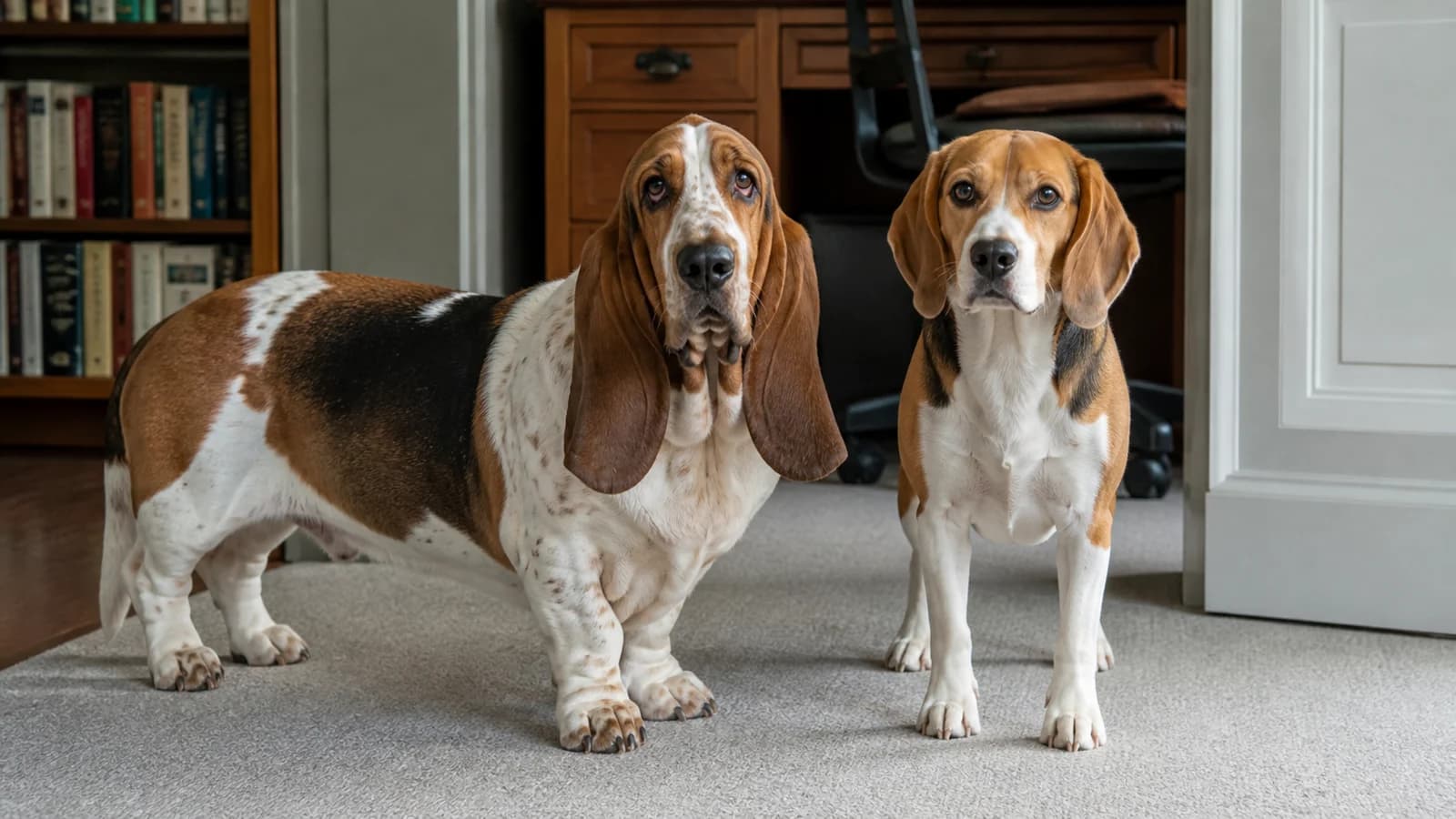 Adult Basset Hound and adult Beagle standing side by side outdoors