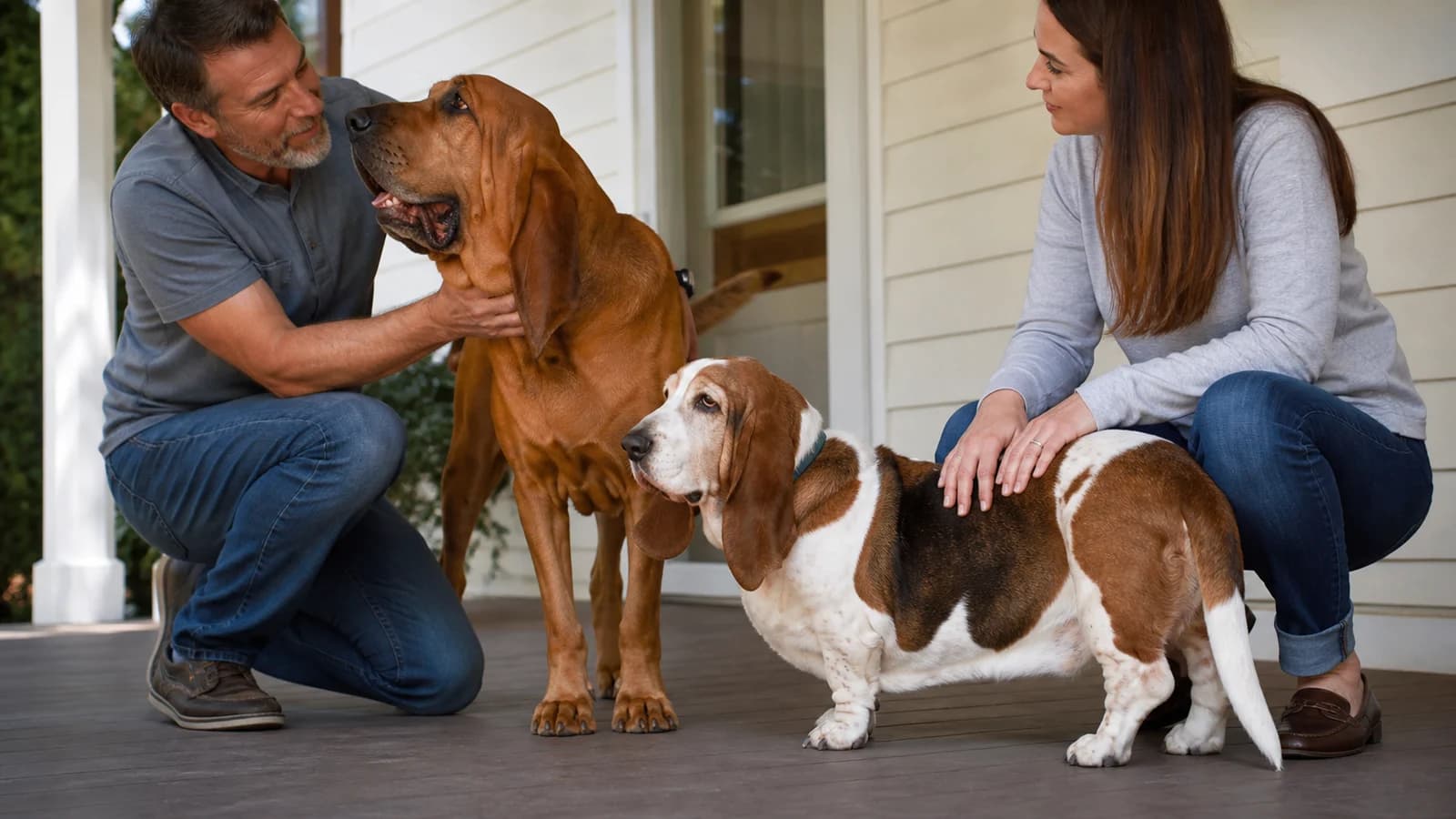 Relaxed Basset Hound and Bloodhound interacting calmly with adult handlers