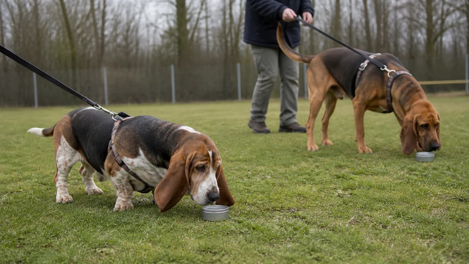Basset Hound and Bloodhound doing separate reward-based scent searches outdoors