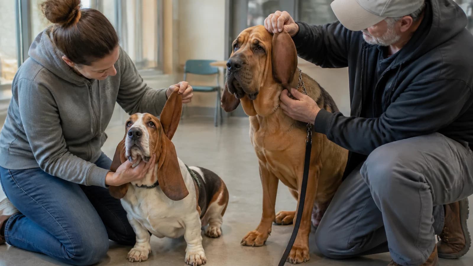 Owners gently checking the long ears of a Basset Hound and Bloodhound