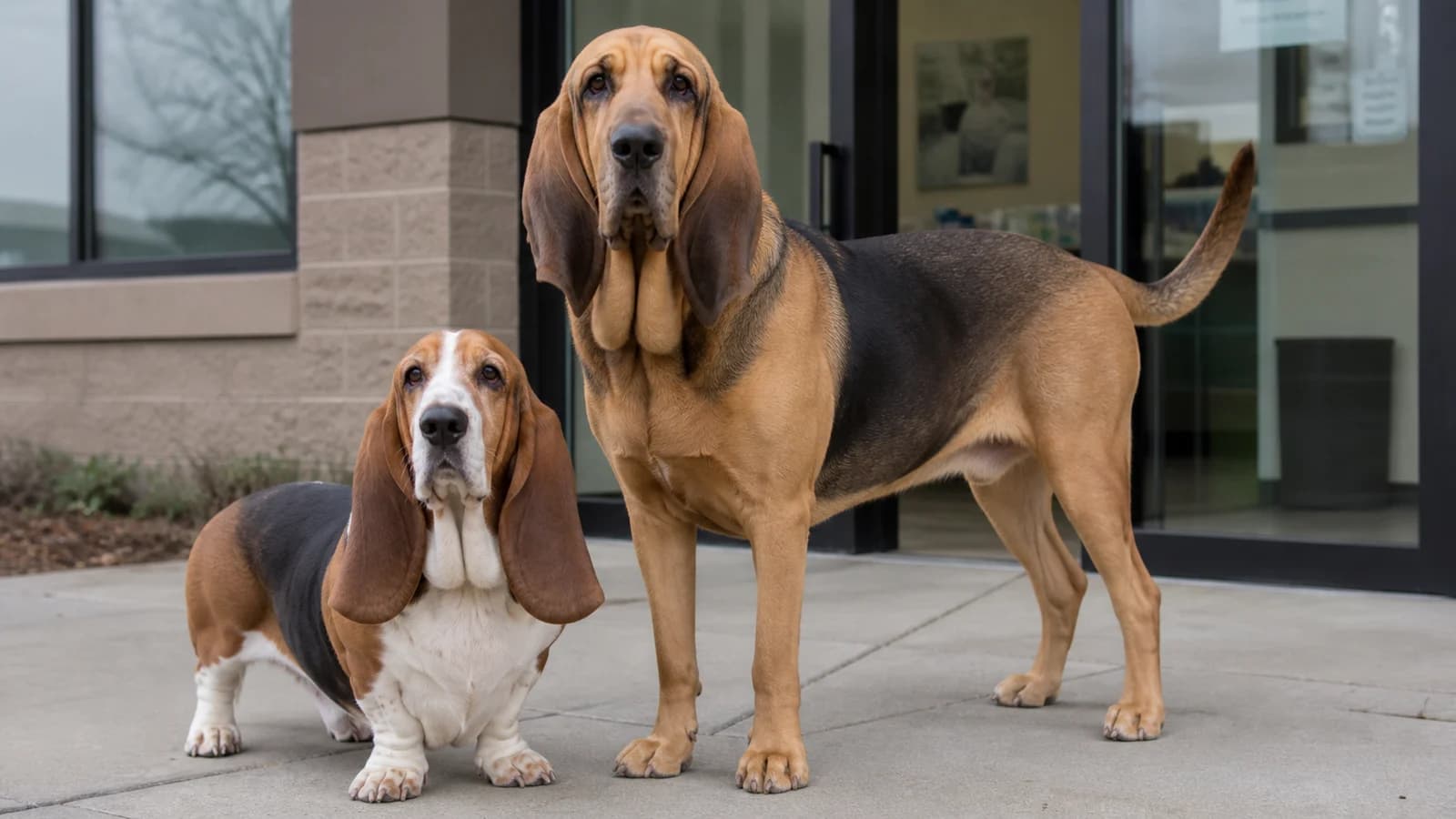 Adult Basset Hound and adult Bloodhound standing side by side outdoors