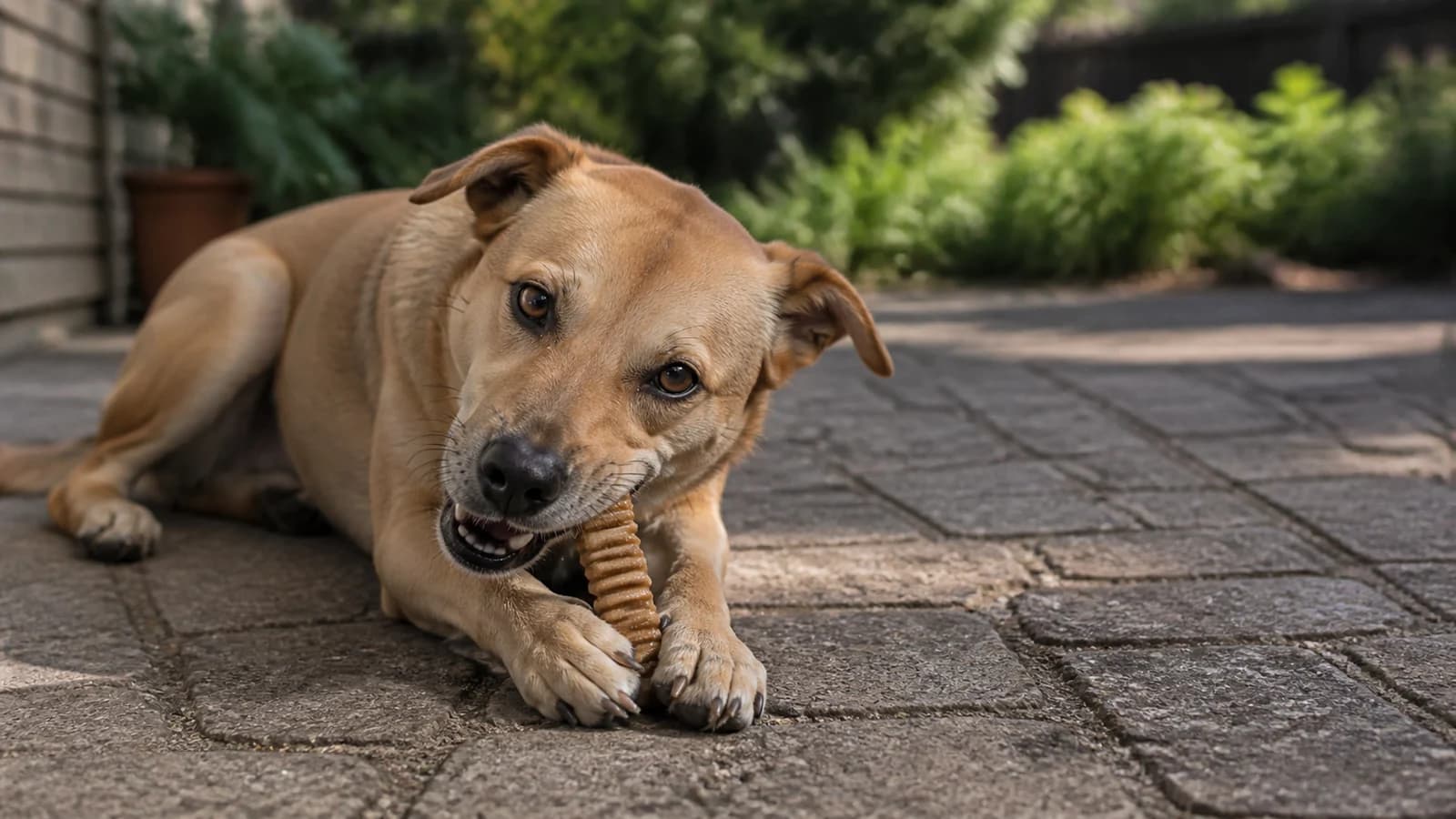 Tan mixed-breed dog chewing a flexible unbranded dental chew on a shaded patio