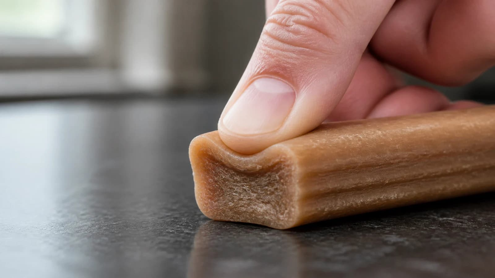 Thumbnail pressing into a flexible dental chew to demonstrate the hardness test