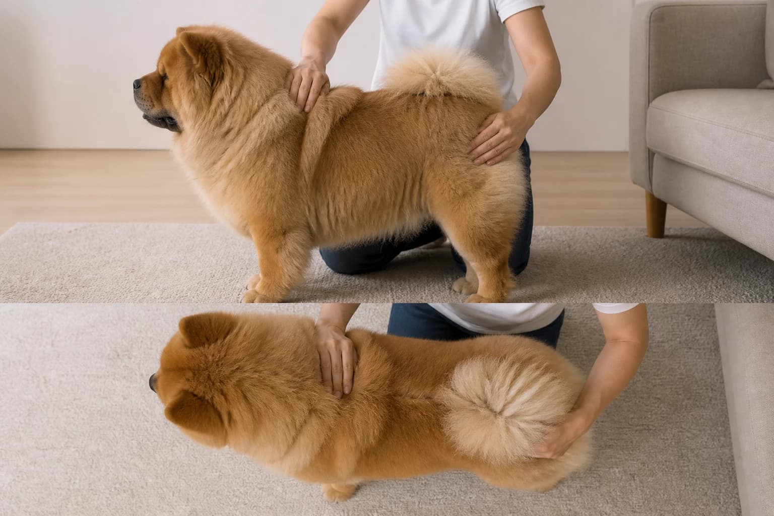 Owner assessing a Chow Chow waist and rib coverage from side and above