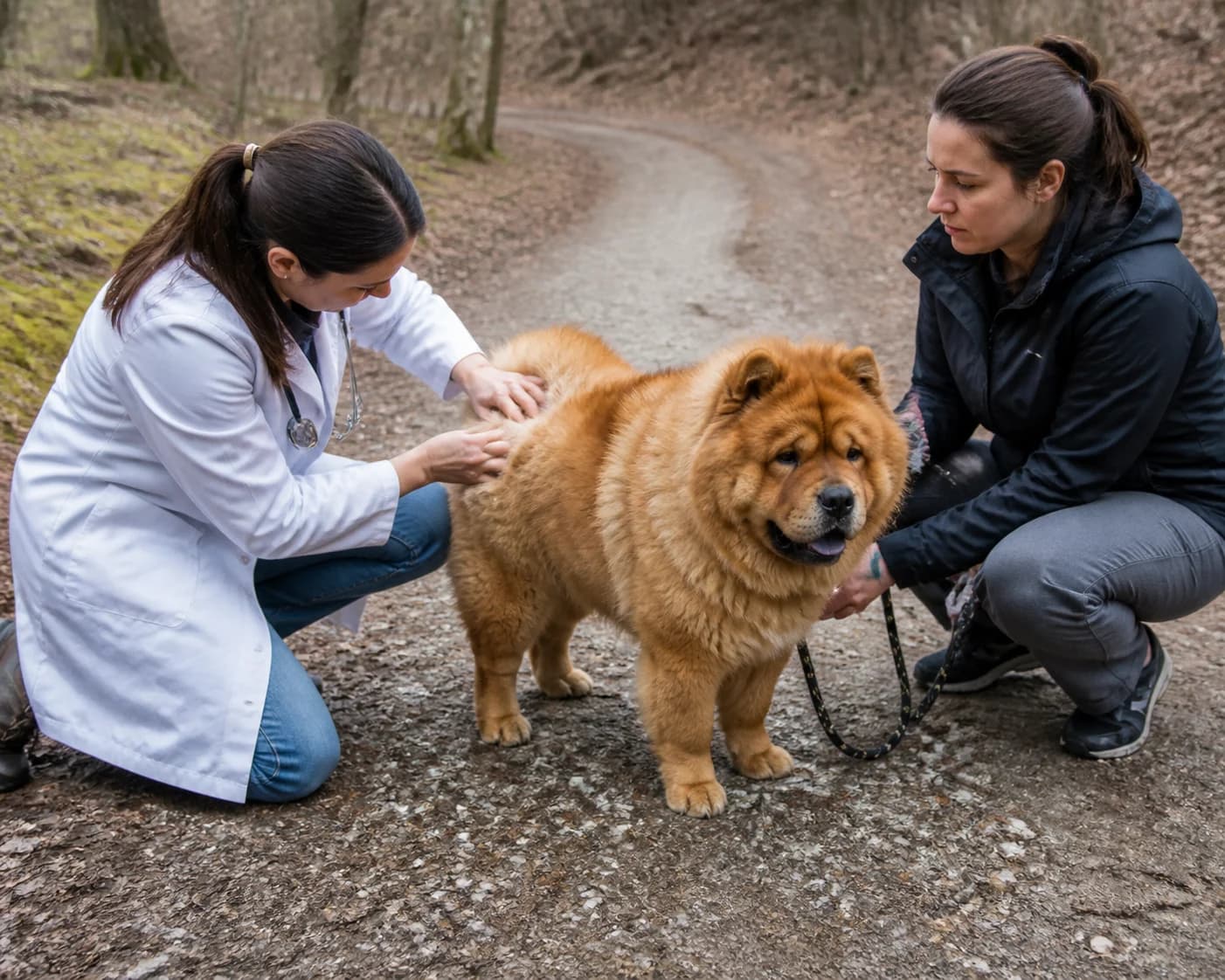 Veterinarian examining Chow Chow skin while reviewing a diet history