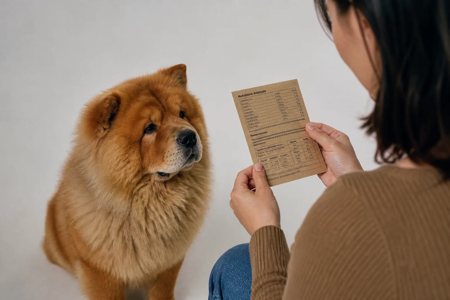 Owner reading a dog food nutrient statement and feeding guide with brand out of frame