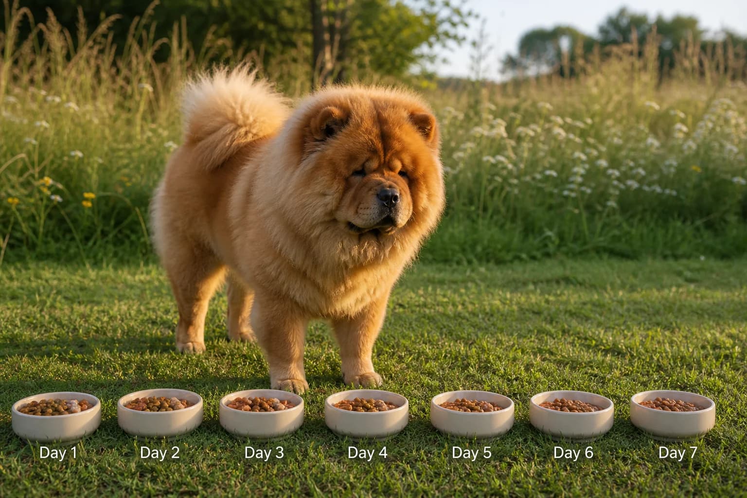 Seven bowls showing a gradual old-food to new-food transition