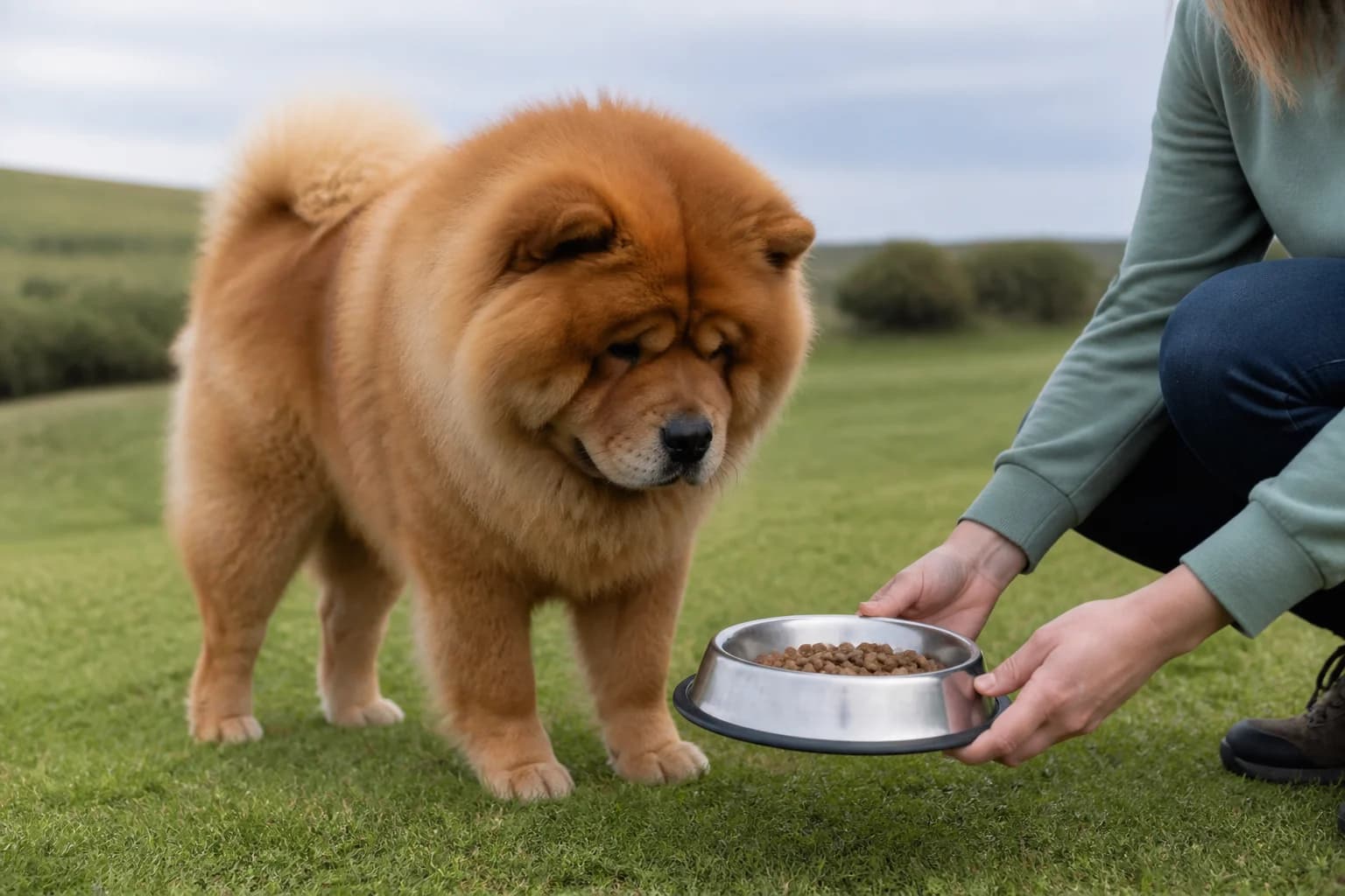 Measured complete dog meal served to an adult Chow Chow with no packaging visible