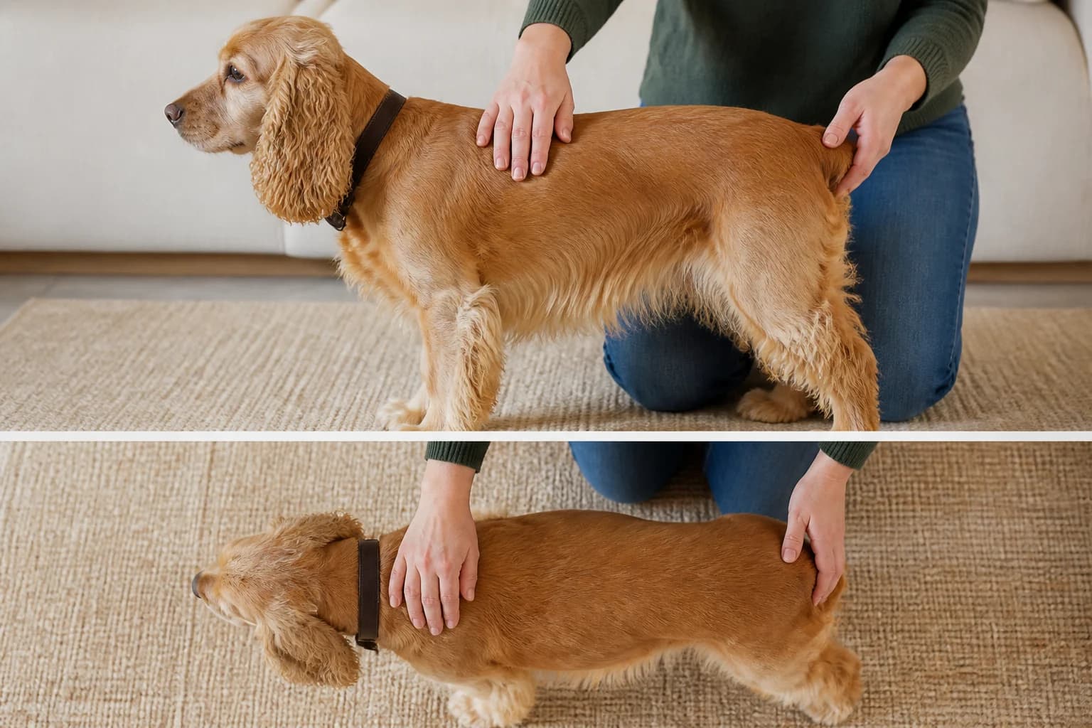 Owner assessing a Cocker Spaniel waist and rib coverage from the side and above