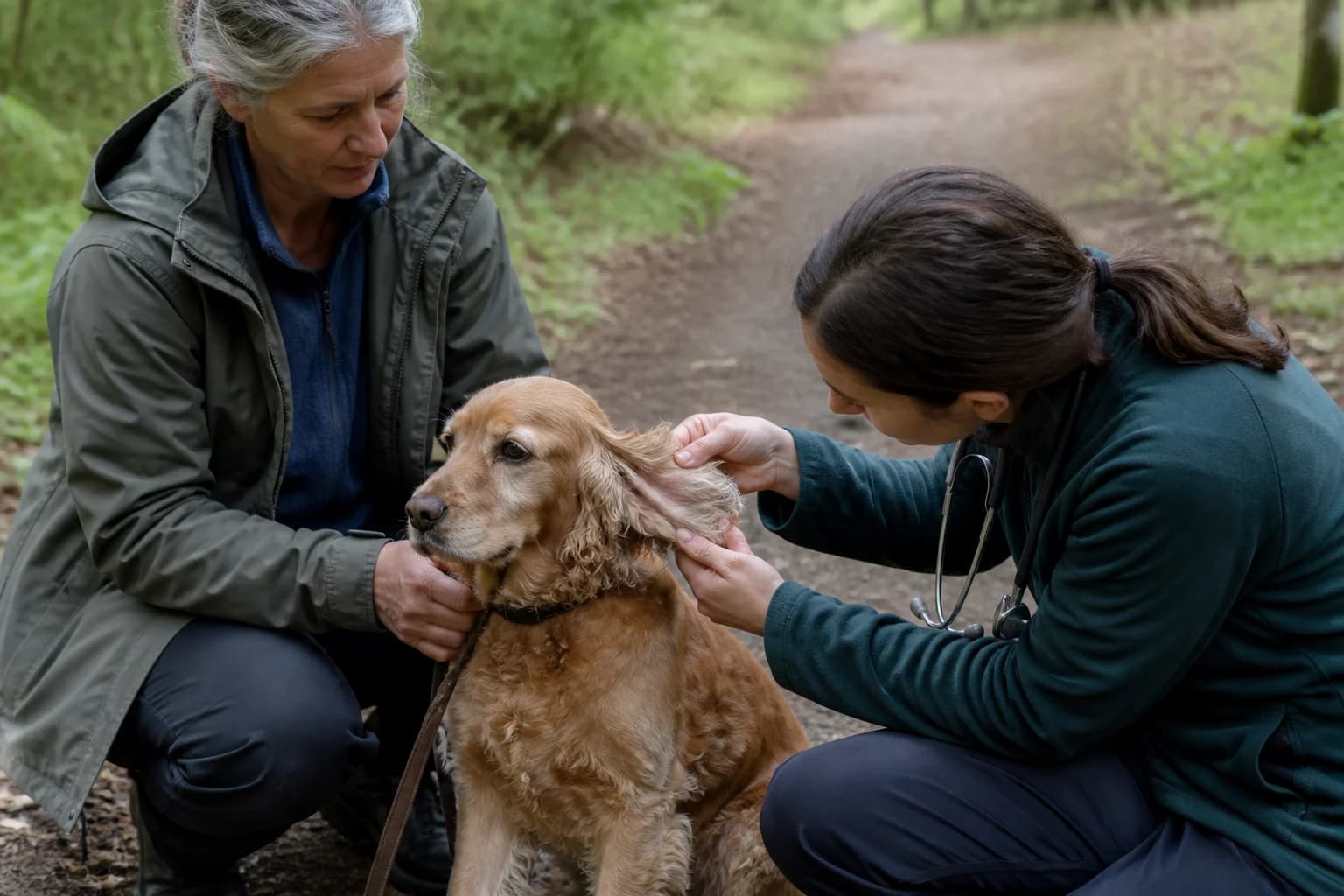 Veterinarian examining a Cocker Spaniel's skin and ear while discussing diet history