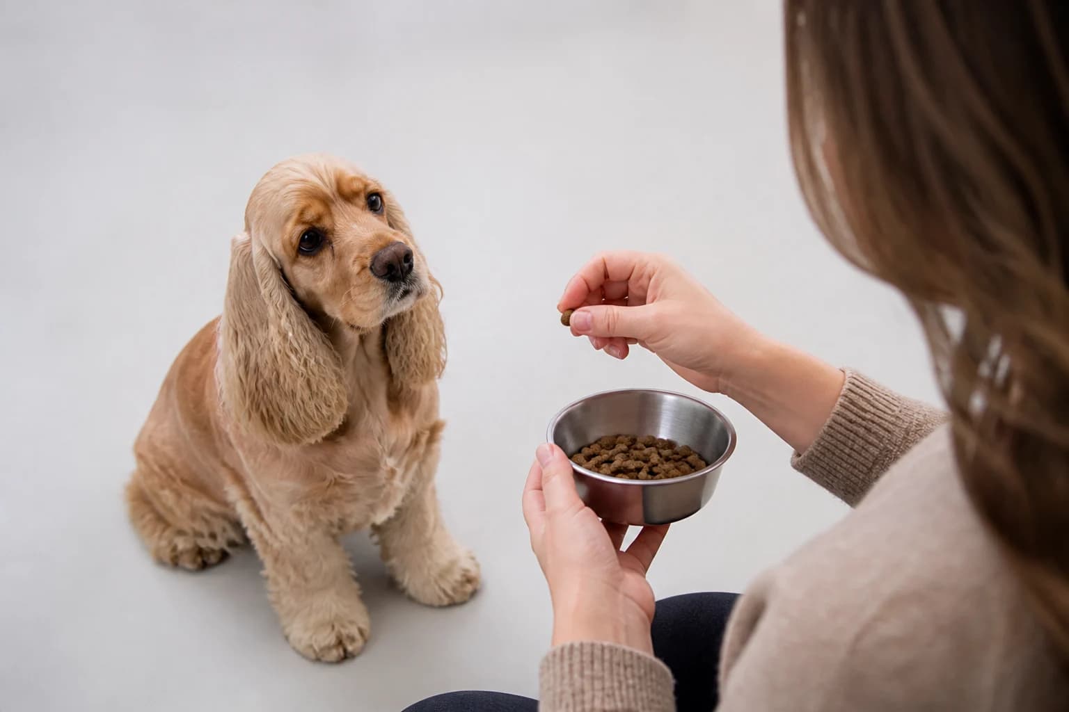 Owner reading a dog food nutrient statement and feeding guide with brand details out of frame