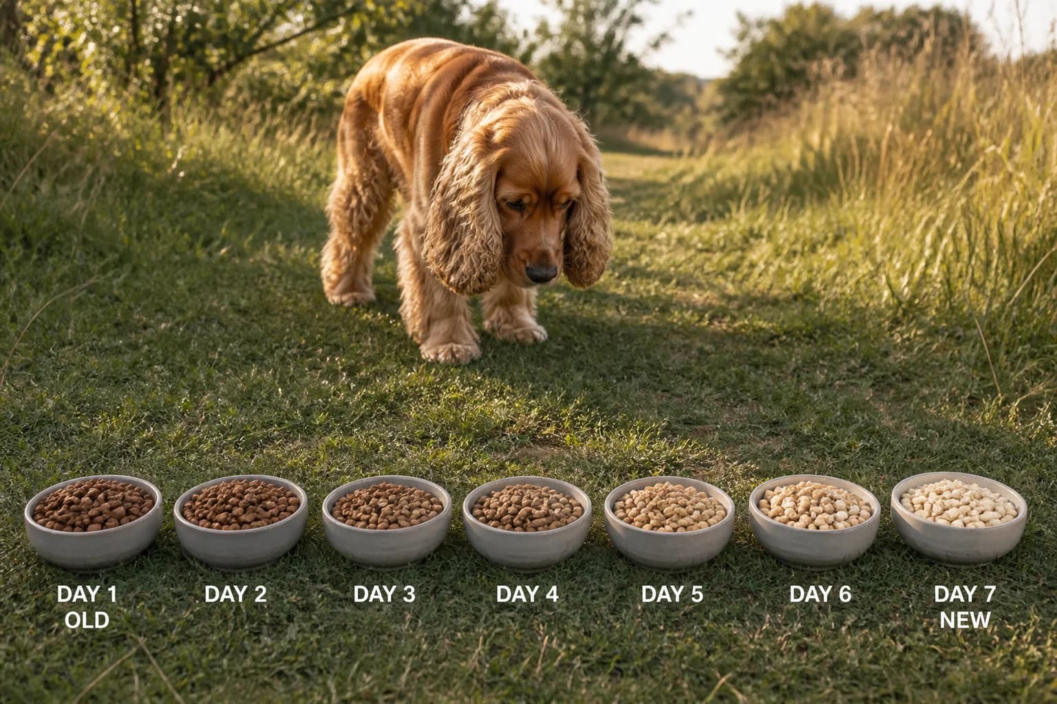 Seven labeled bowls showing a gradual old-food to new-food transition with no packaging visible