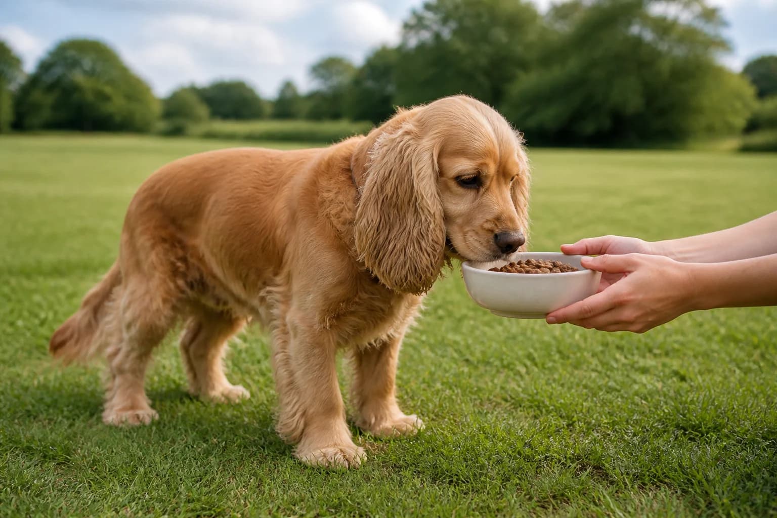 Measured complete dog meal being served to an adult Cocker Spaniel with no packaging visible