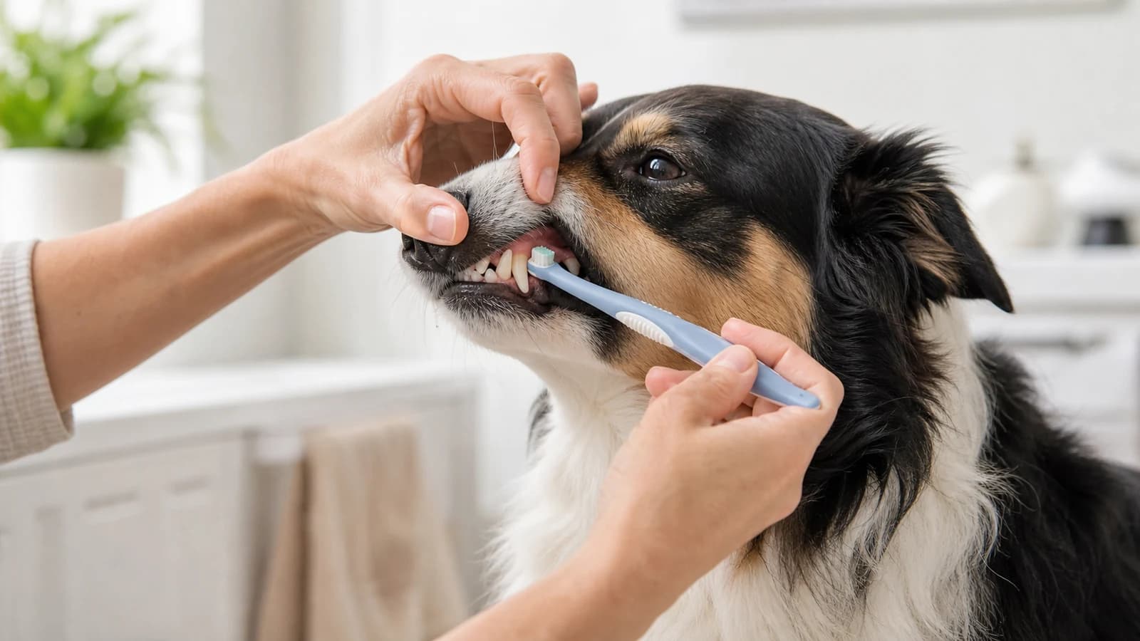 Owner brushing the outer teeth of a calm Australian Shepherd with a visible dab of dog-safe toothpaste