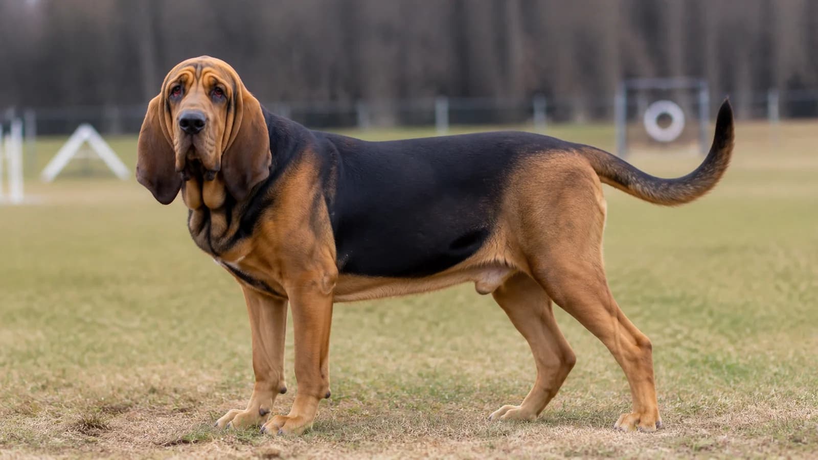Adult black-and-tan Bloodhound in a full-body side portrait