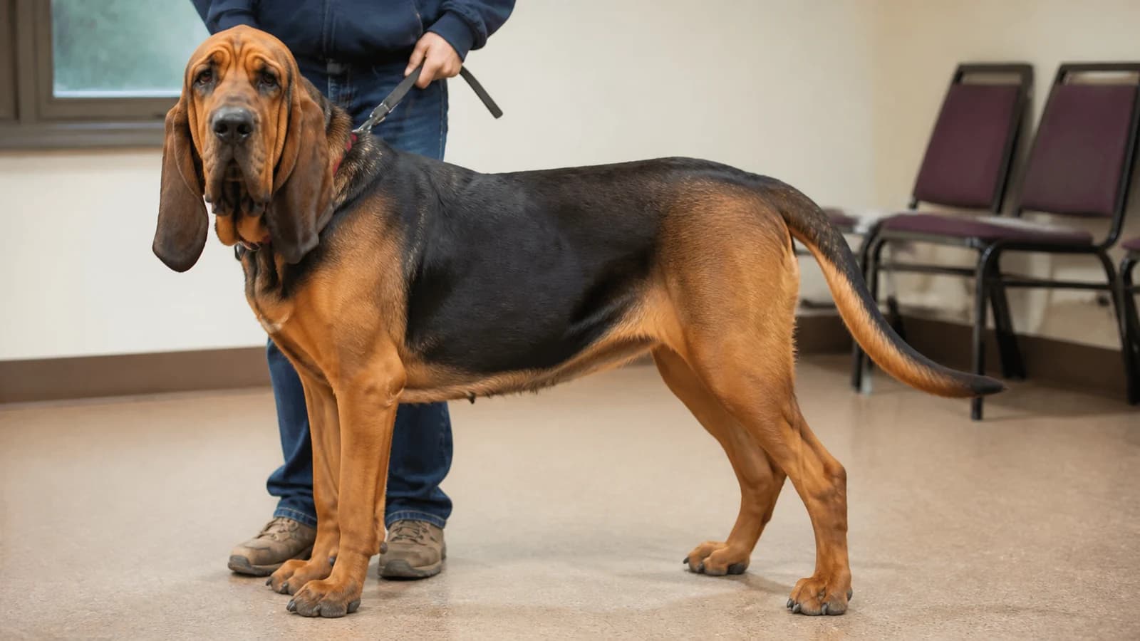 Adult liver-and-tan Bloodhound in a full-body side portrait