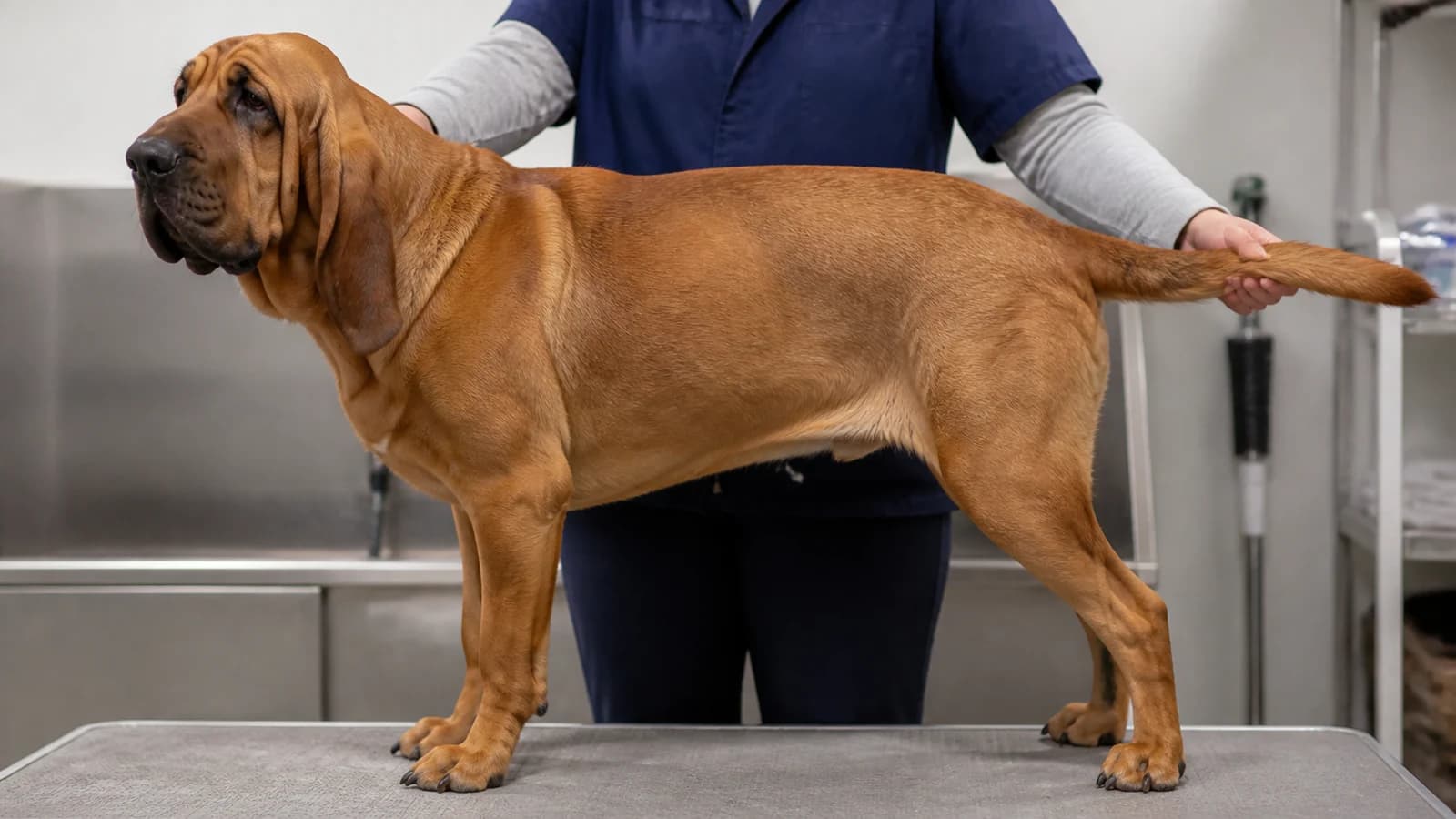 Adult red Bloodhound in a full-body side portrait