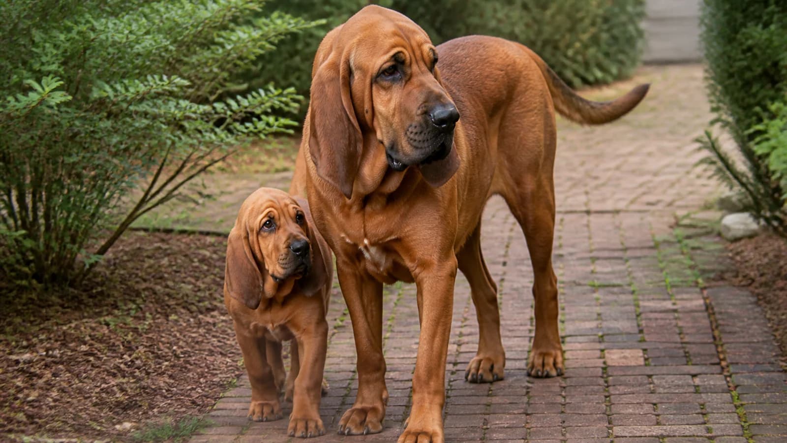 Red Bloodhound puppy beside an adult red Bloodhound in natural light