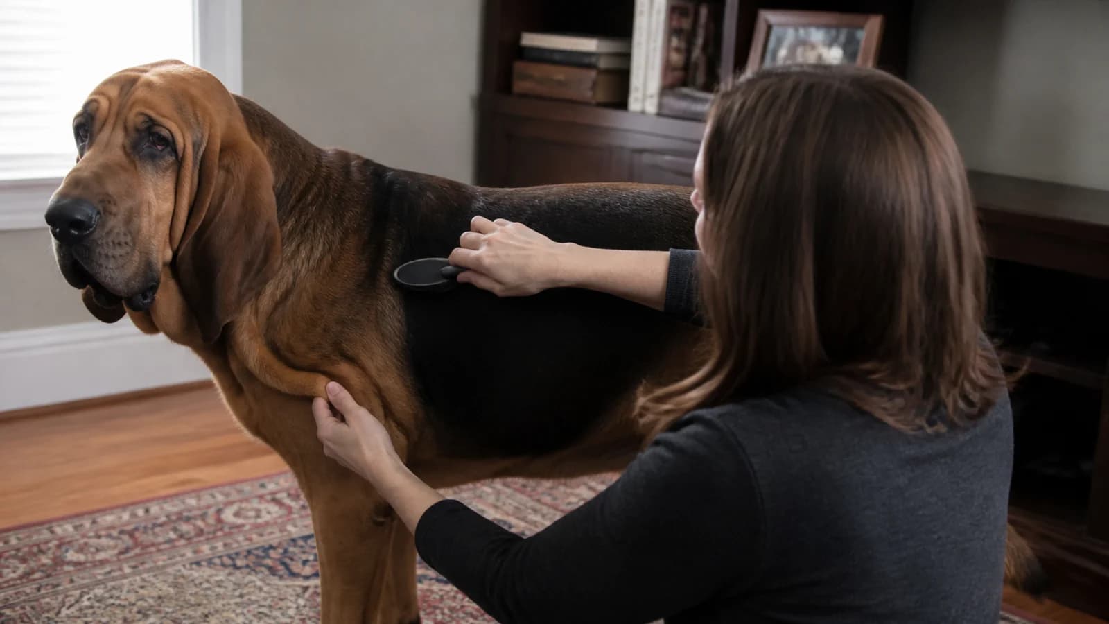 Owner gently brushing a Bloodhound short coat and checking skin folds