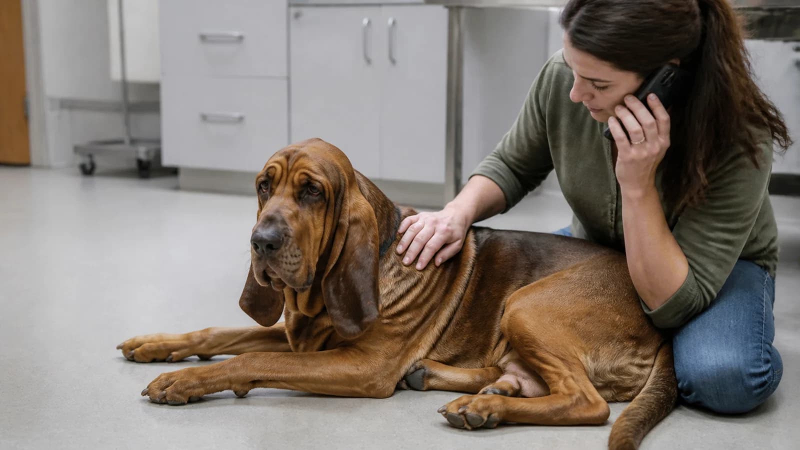 Concerned owner calling a veterinarian beside a resting Bloodhound, non-graphic scene