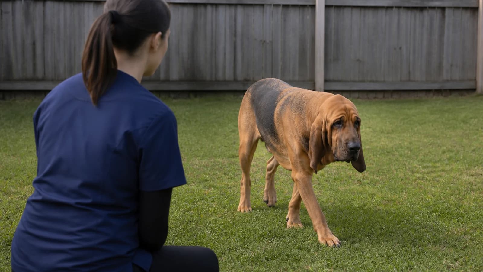 Veterinarian observing a Bloodhound walking during a mobility assessment