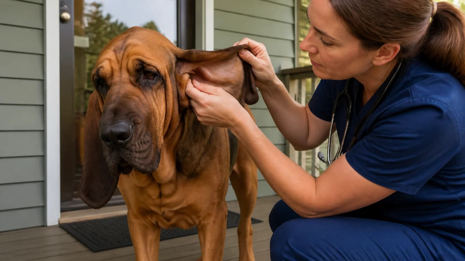 Close editorial view of a veterinarian gently inspecting a Bloodhound ear