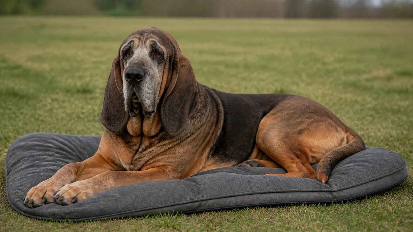 Gray-muzzled senior Bloodhound resting comfortably on a supportive bed