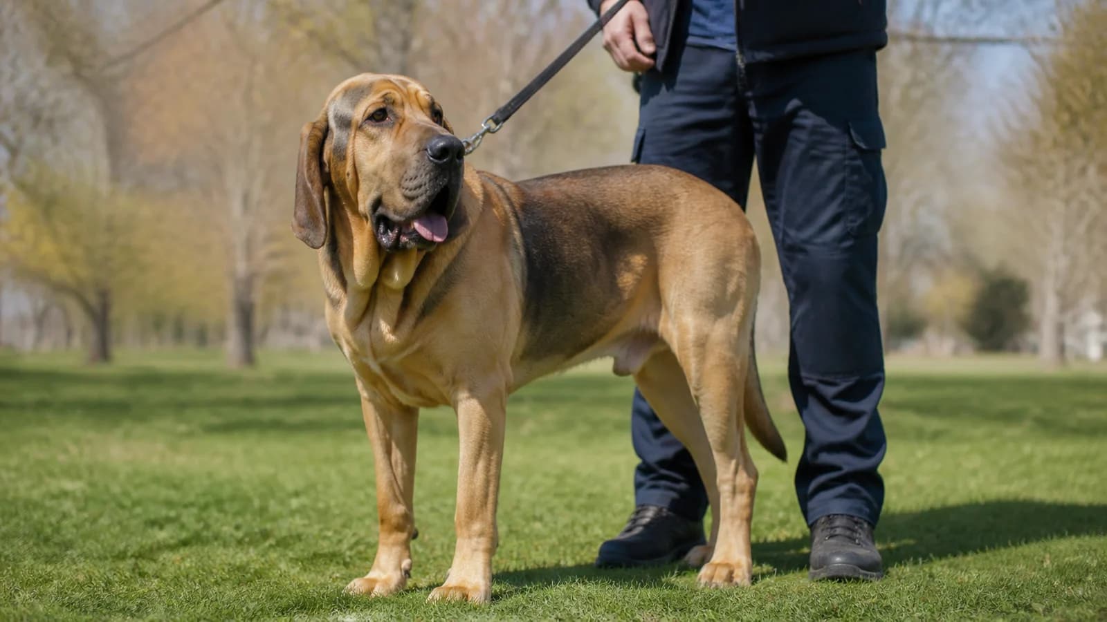 Adult Bloodhound Labrador-type mixed dog standing beside a handler in a park