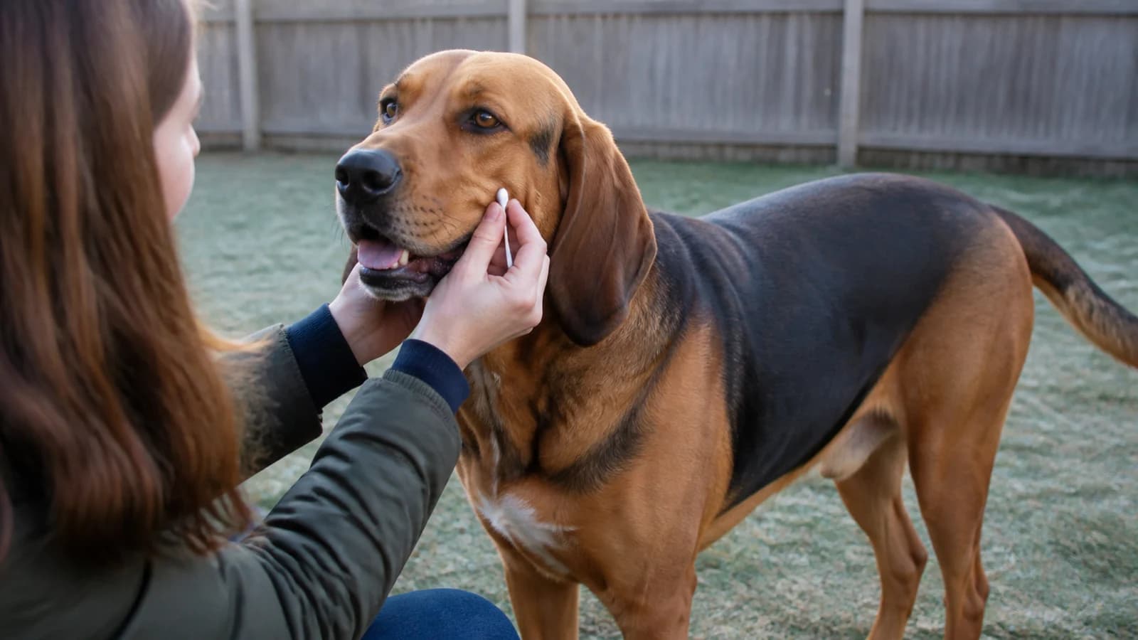 Owner using a dog cheek swab with a relaxed mixed-breed dog, no branded kit