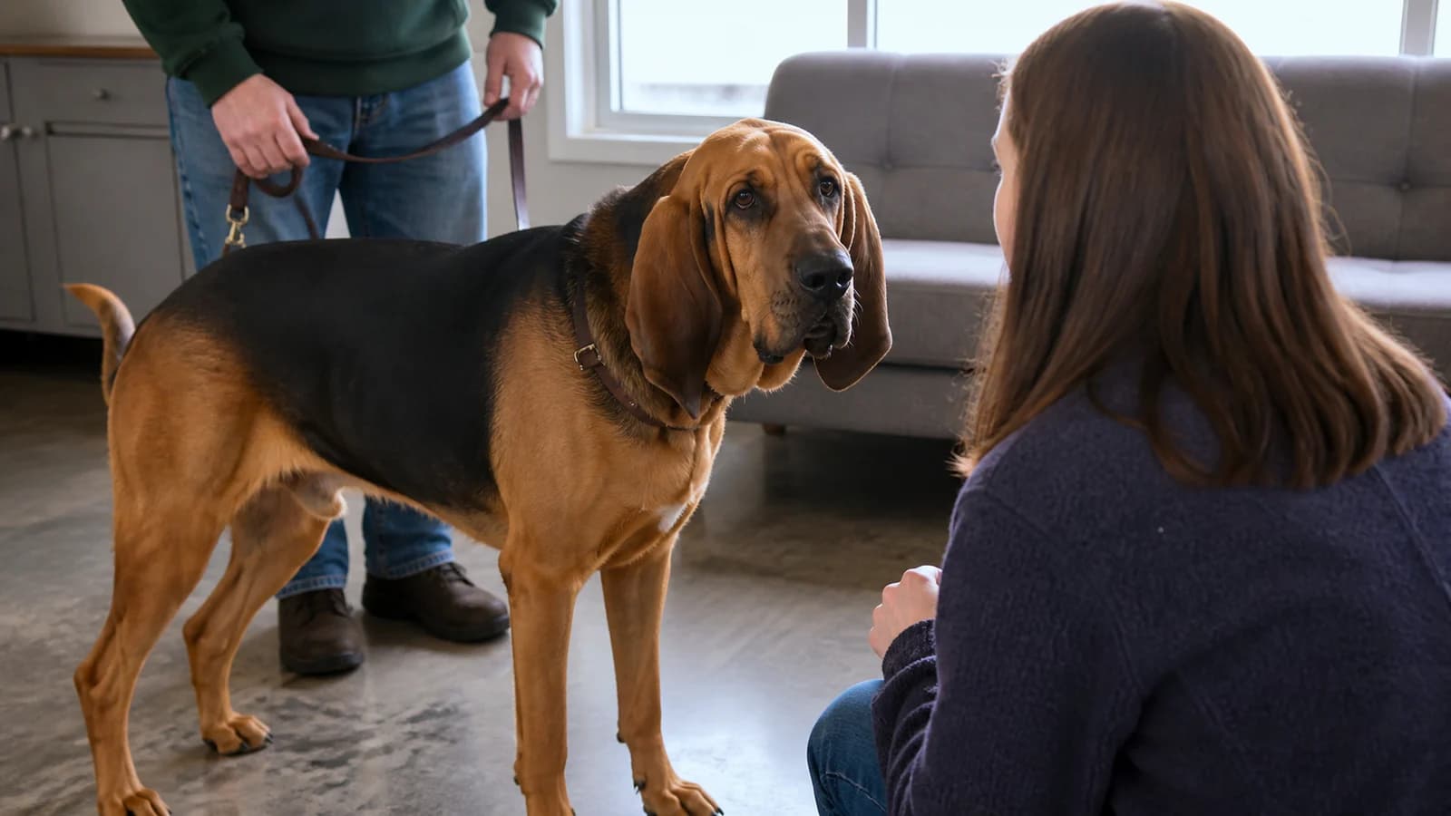 Adult Bloodhound meeting a prospective adopter at a clean rescue facility
