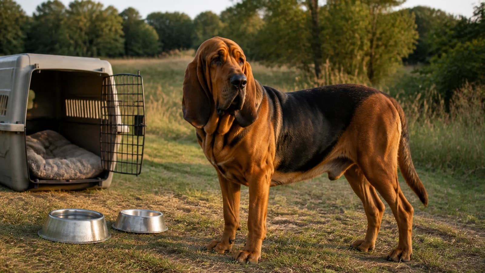 Large-dog home setup with an open crate, plain bowls and bedding beside a Bloodhound
