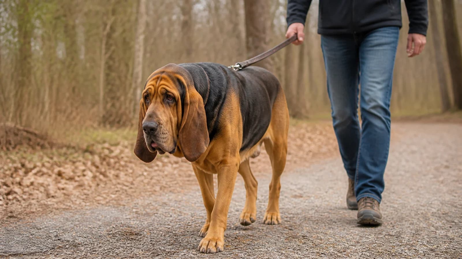 Owner practicing loose-leash walking with an adult Bloodhound on a quiet path