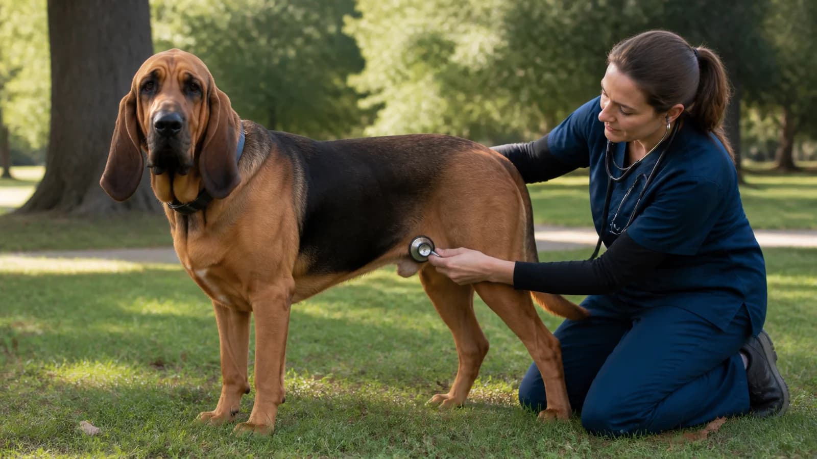 Bloodhound receiving a calm wellness exam from a veterinarian
