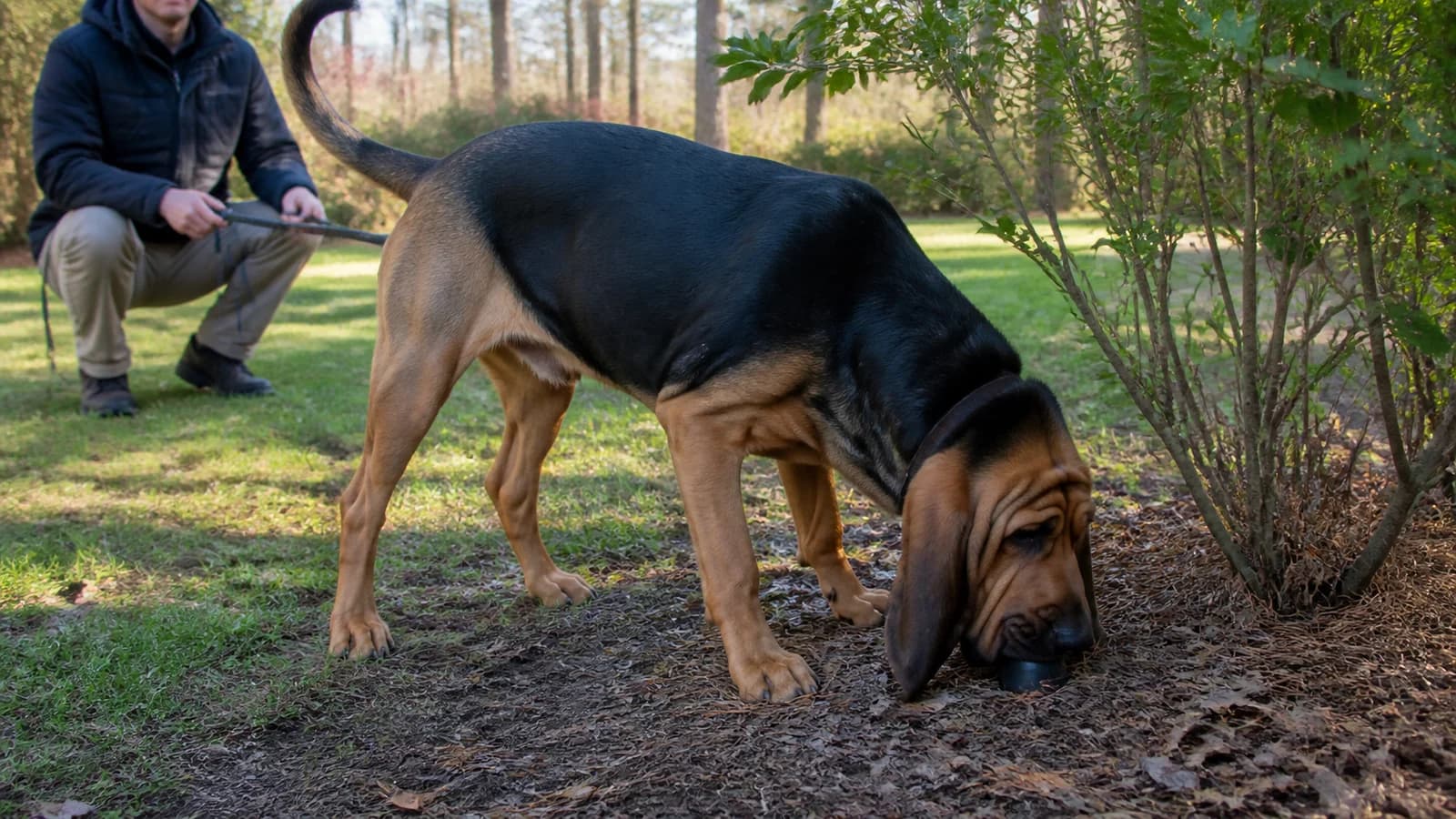 Bloodhound finding a hidden scent container in a safe backyard search game