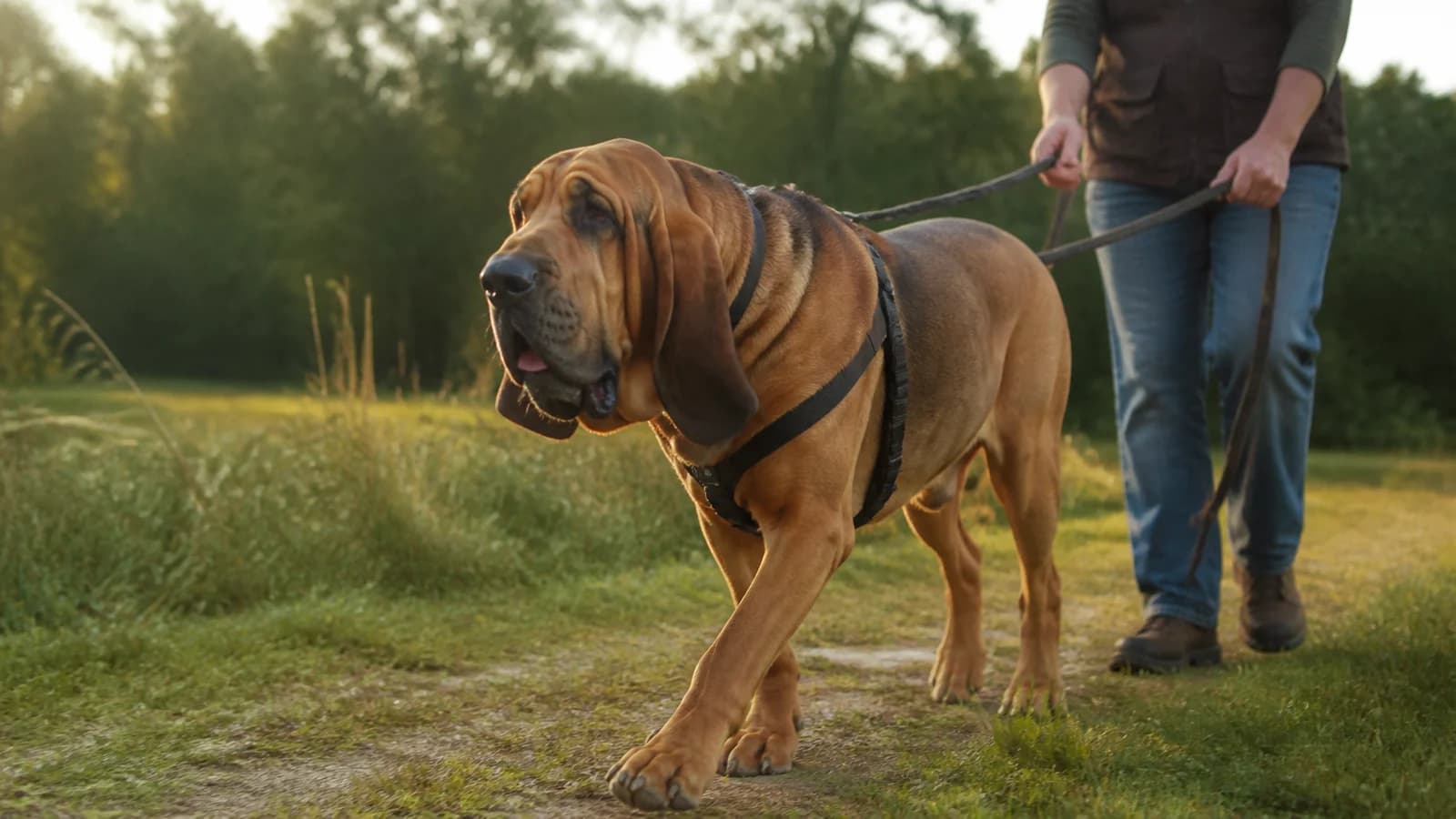 Bloodhound walking on a sturdy harness and long line beside an owner
