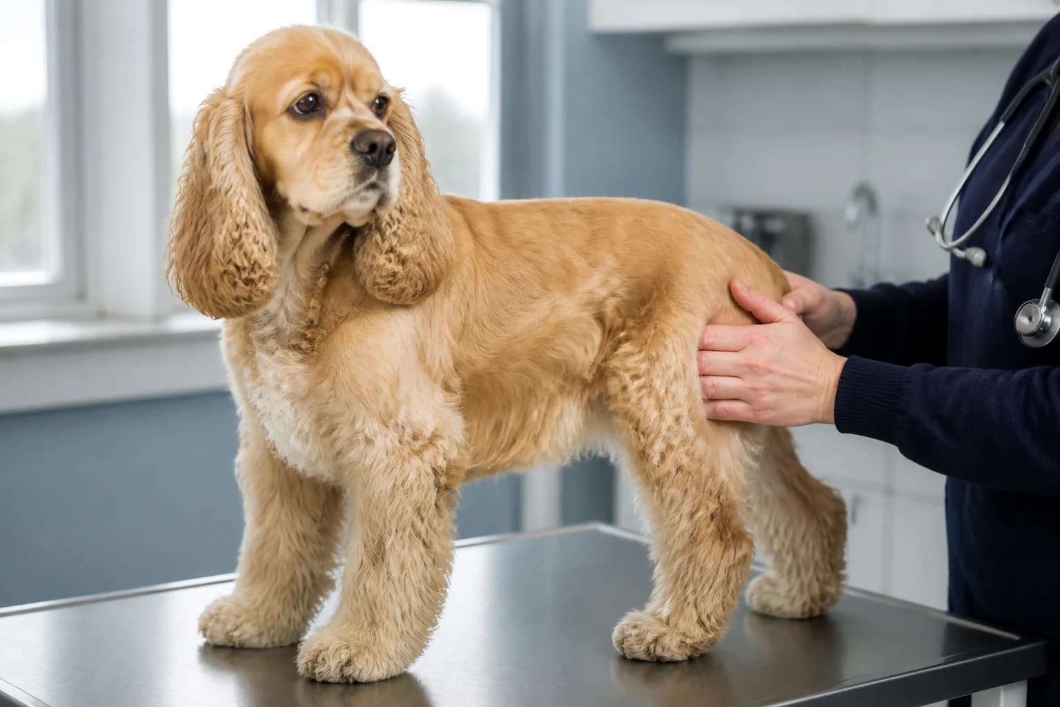 Adult buff American Cocker Spaniel standing in three-quarter view with breed-correct shorter muzzle and feathering