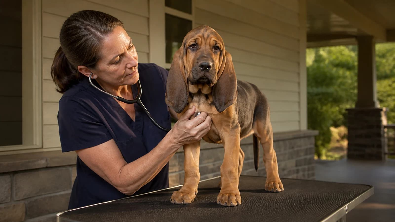 Veterinarian calmly examining a Bloodhound puppy on a clinic table