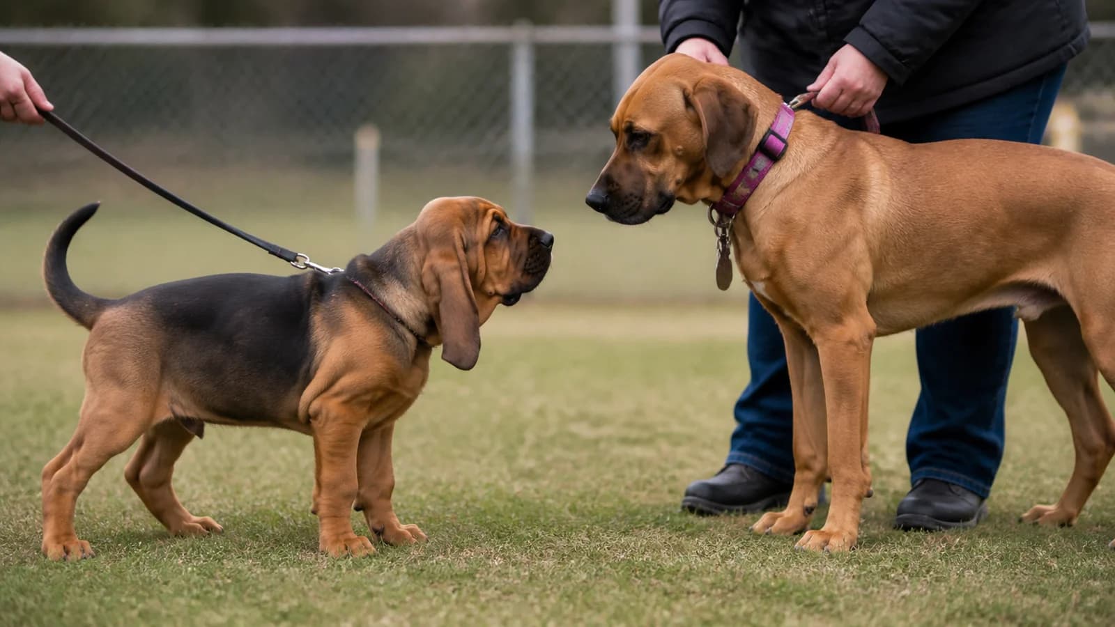 Bloodhound puppy meeting a calm adult dog under close supervision