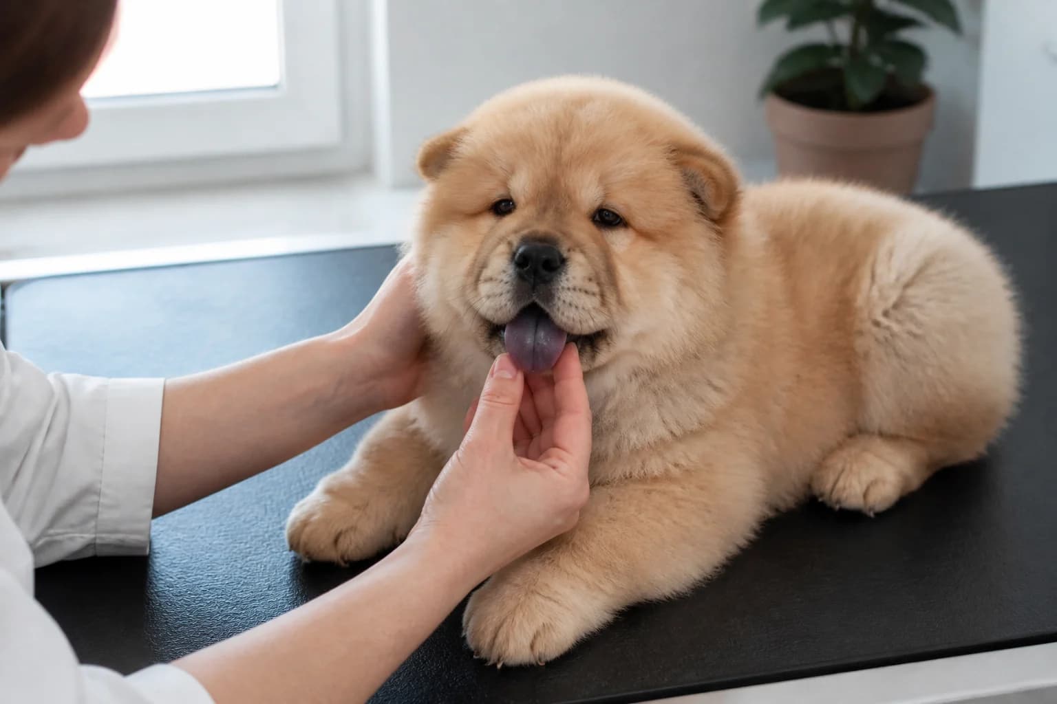 Young Chow Chow puppy with partially developing tongue pigment during a gentle veterinary check