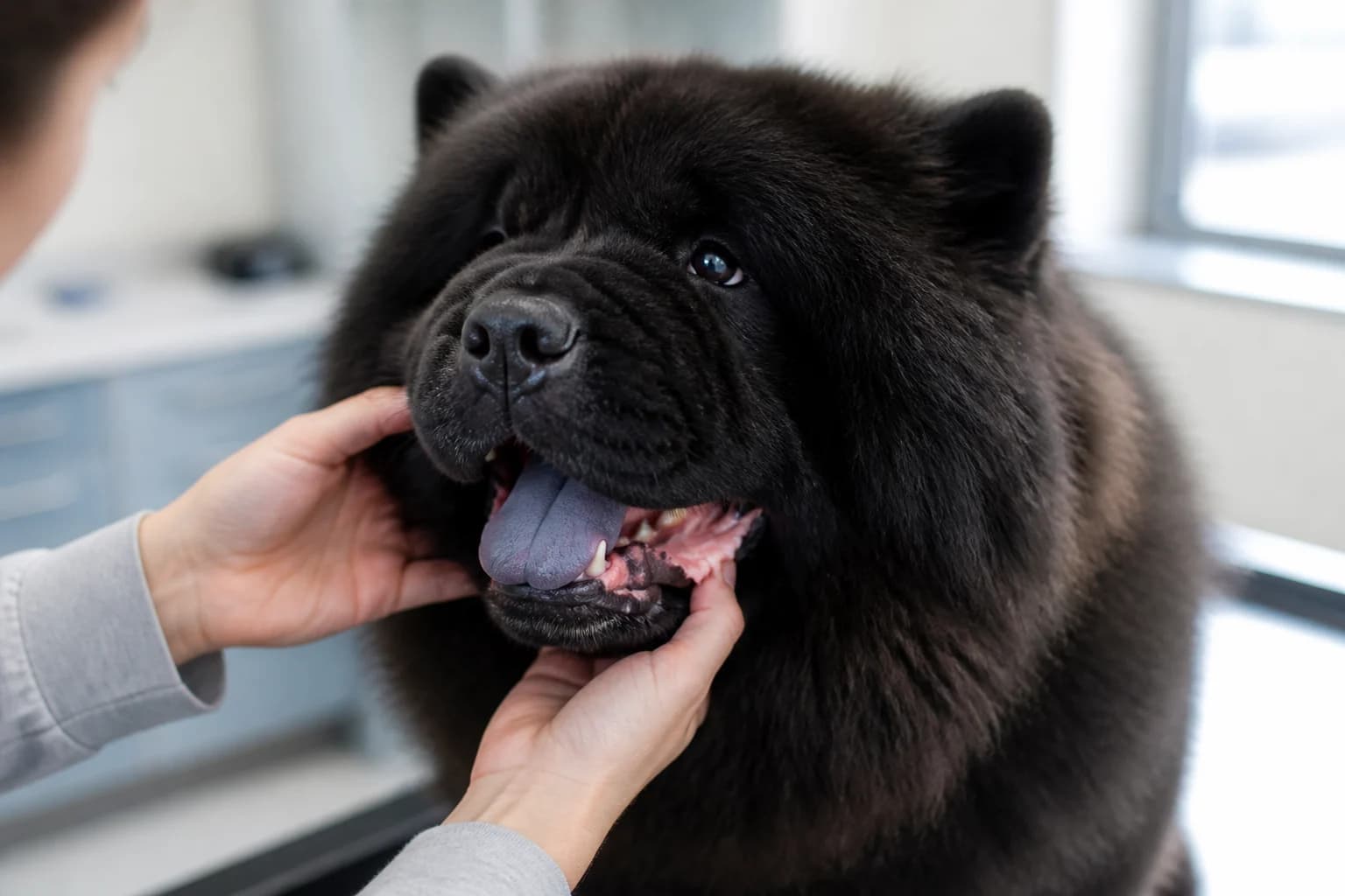 Healthy blue-black Chow Chow tongue with normal pink gums