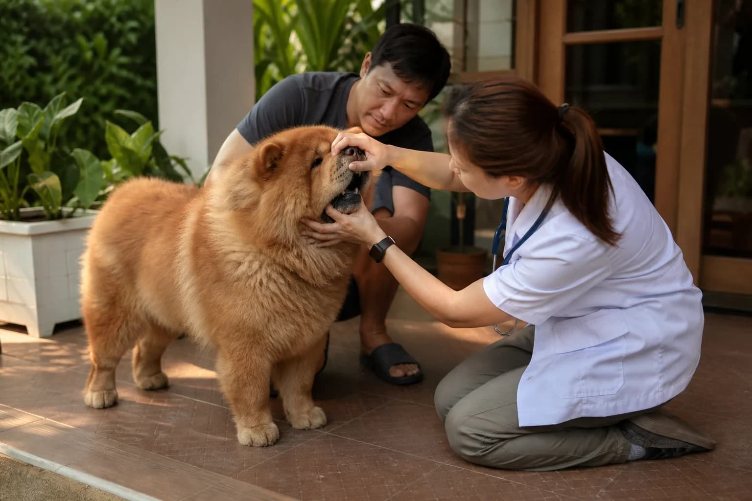 Veterinarian safely examining a Chow Chow mouth while the owner assists