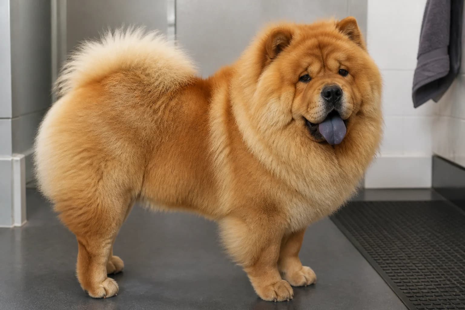 Relaxed adult Chow Chow panting with a normal blue-black tongue visible