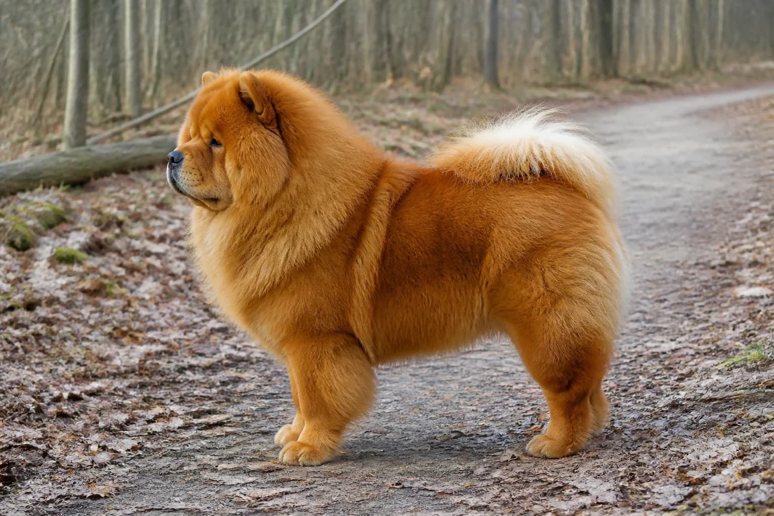 Red rough-coat Chow Chow in full profile under neutral daylight