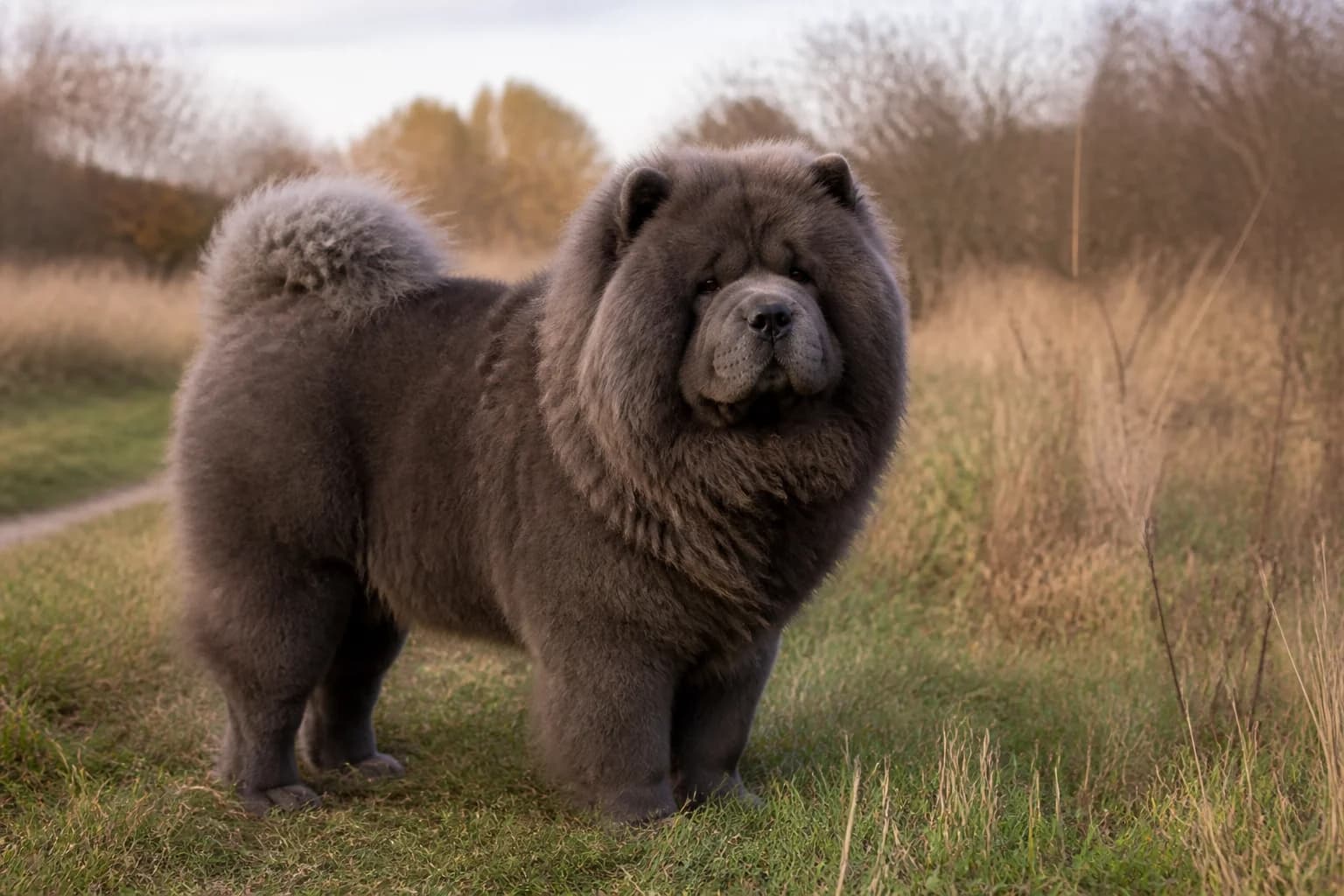 Blue rough-coat Chow Chow with a realistic slate-gray coat in overcast light