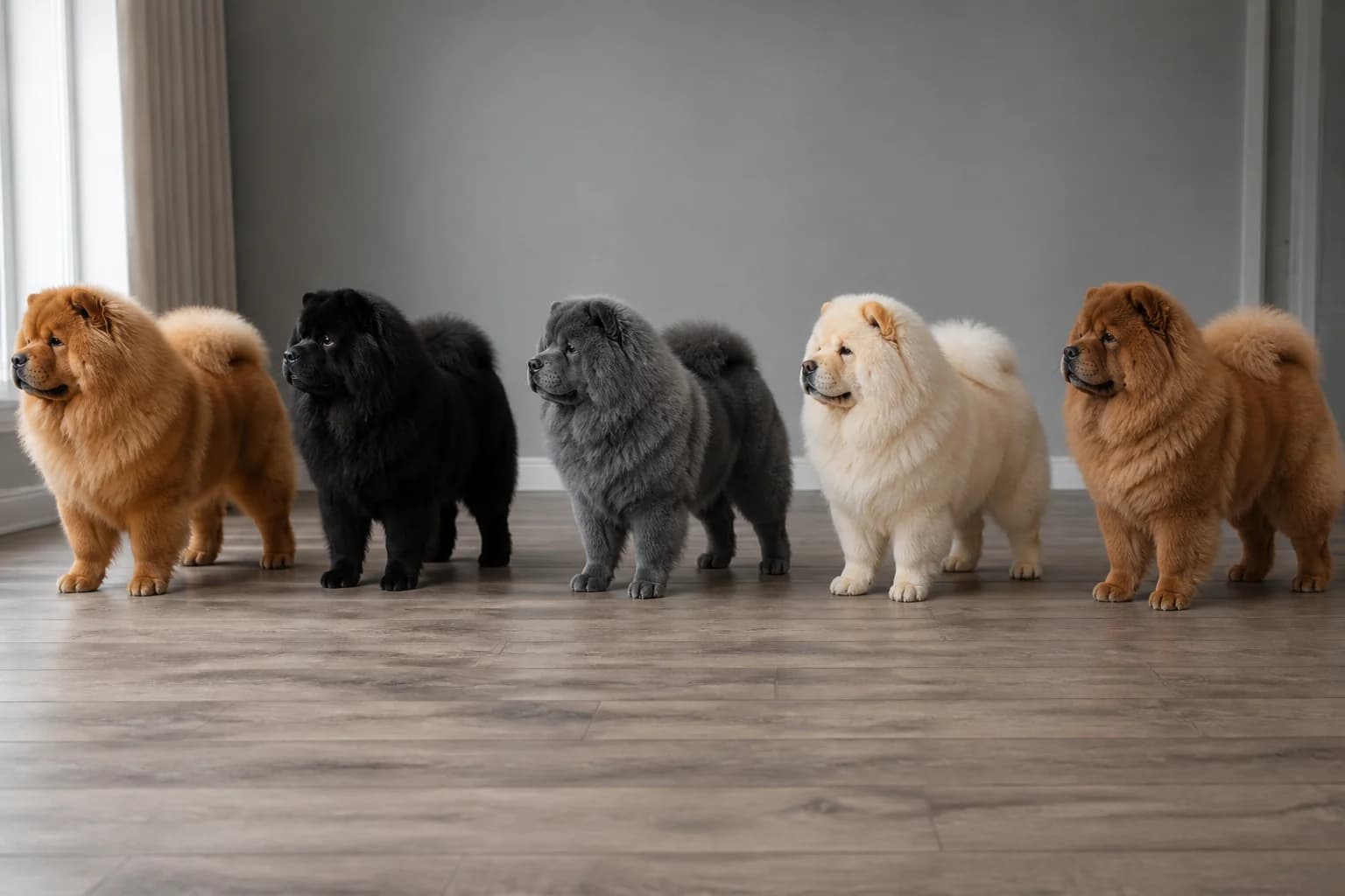 Five adult Chow Chows in standard red, black, blue, cream, and cinnamon coats