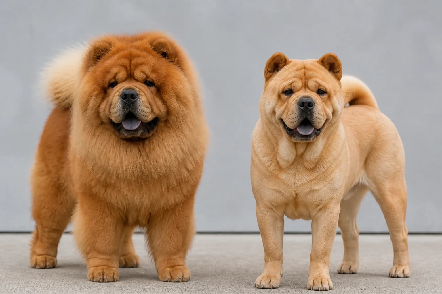 Rough-coat and smooth-coat Chow Chows standing side by side