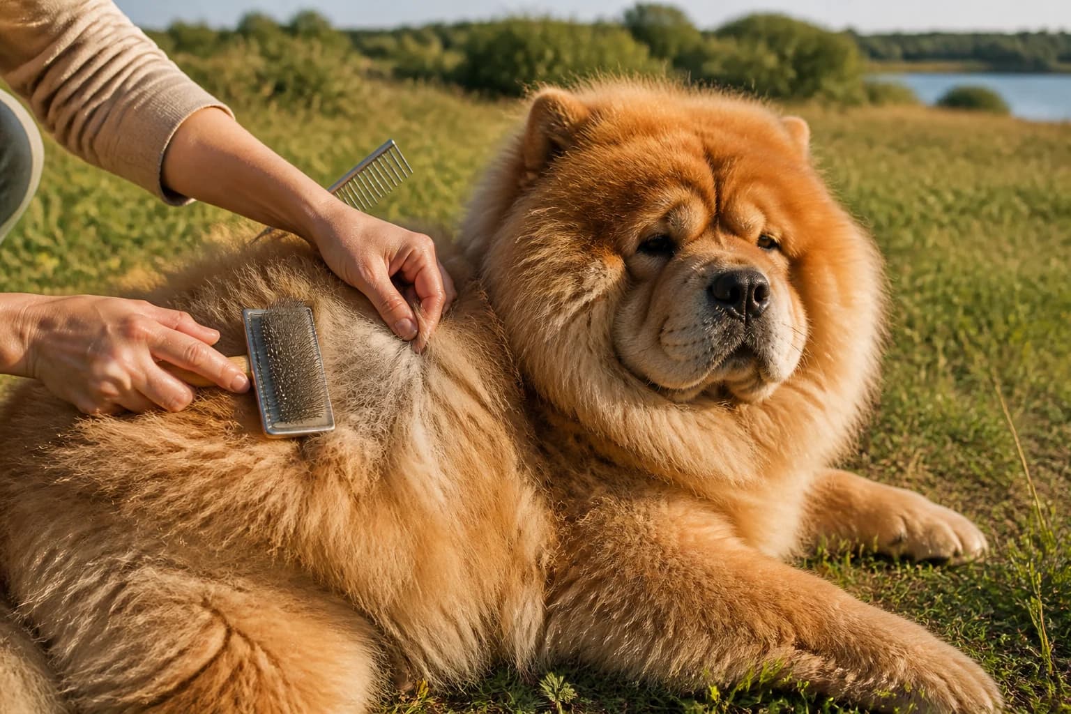 Hands separating Chow Chow undercoat into lines while a slicker and comb reach the skin