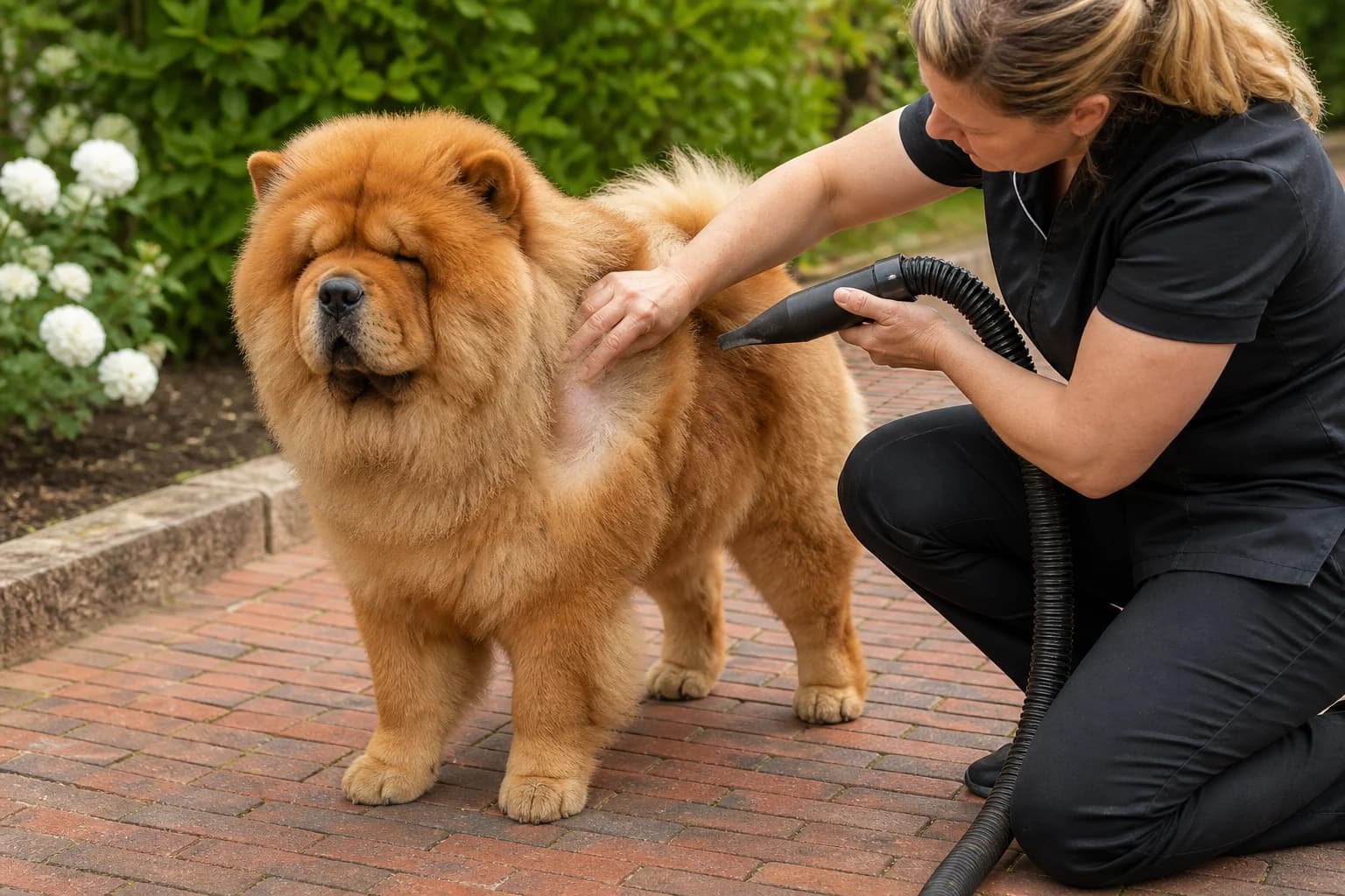 Groomer using cool controlled airflow to dry a Chow Chow coat